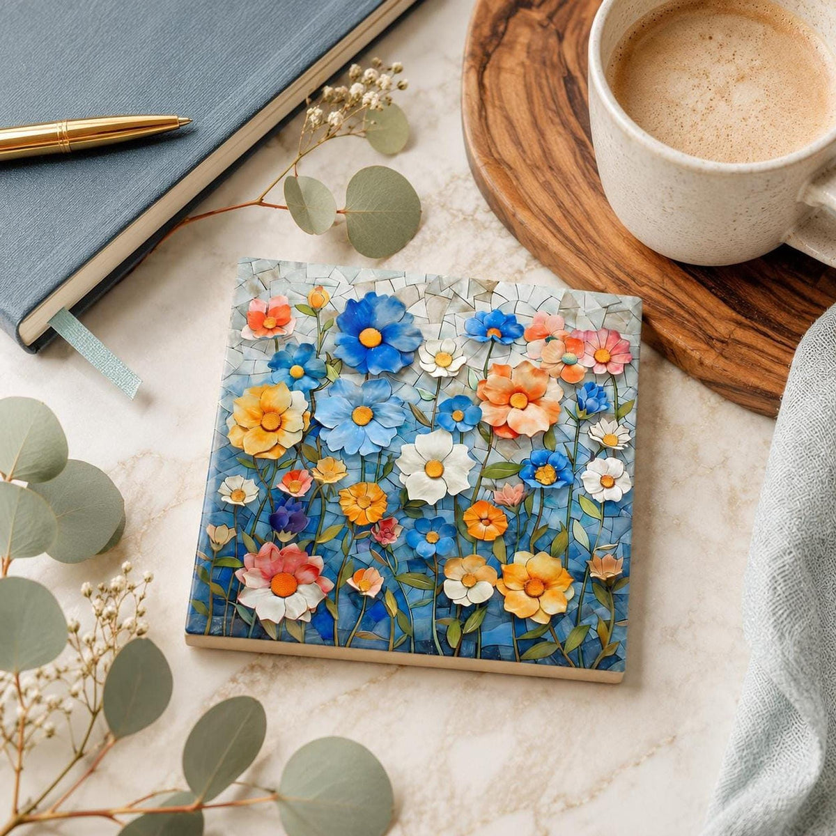 Floral Coaster, Square Ceramic with Mosaic Blue Flower Design