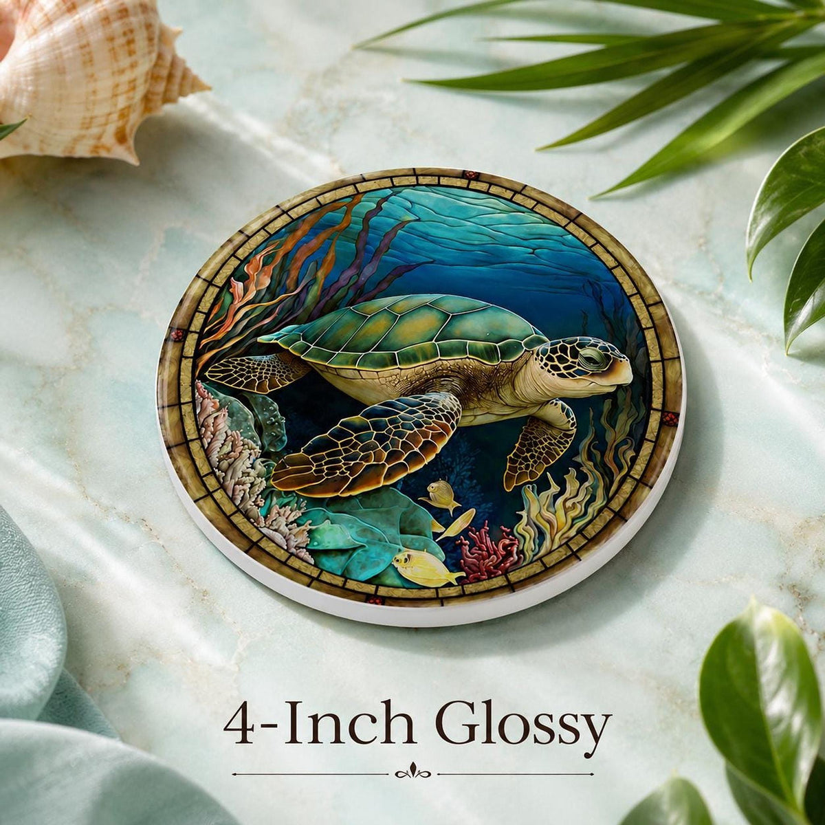 Sea Turtle Coaster, Colorful Ceramic Drink with Ocean Design