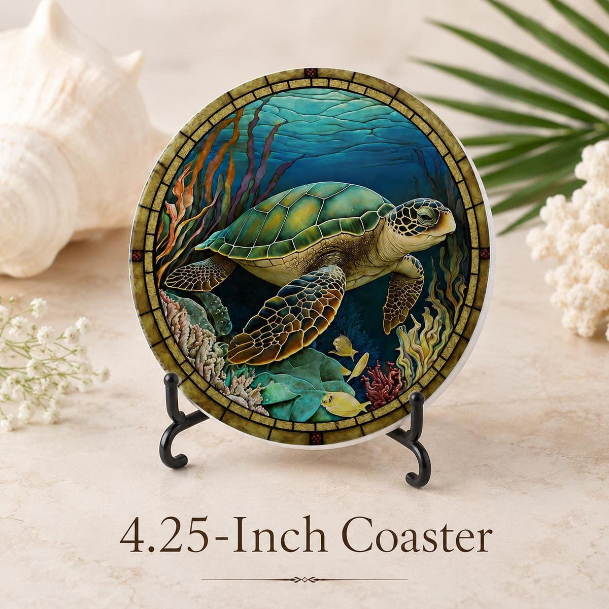 Sea Turtle Coaster, Colorful Ceramic Drink with Ocean Design