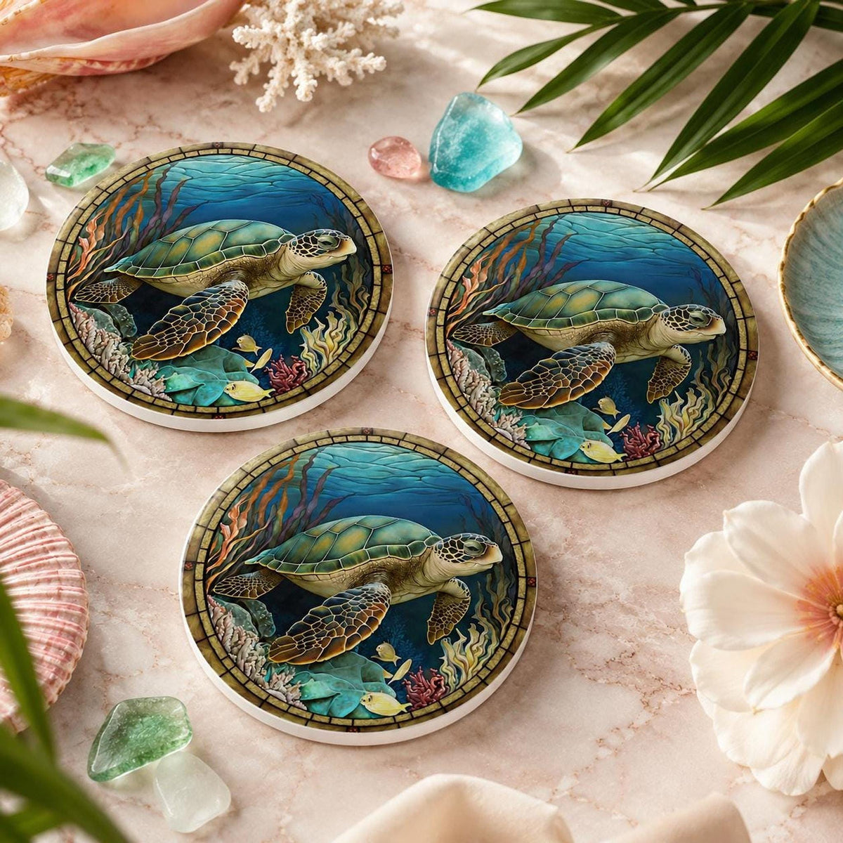 Sea Turtle Coaster, Colorful Ceramic Drink with Ocean Design