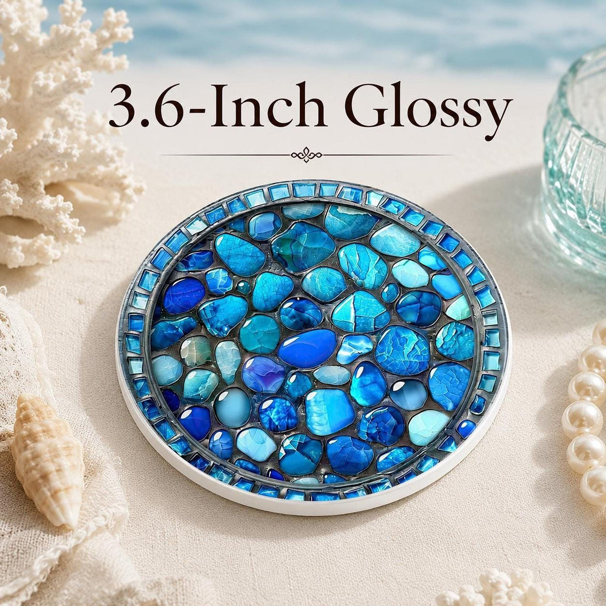 Coastal Coaster with Blue Stone Print, Round Ceramic Drink