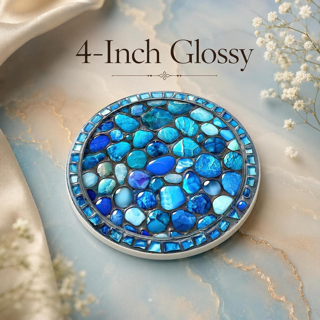 Coastal Coaster with Blue Stone Print, Round Ceramic Drink