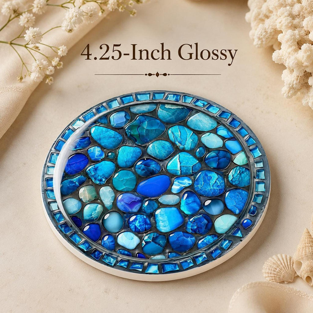 Coastal Coaster with Blue Stone Print, Round Ceramic Drink