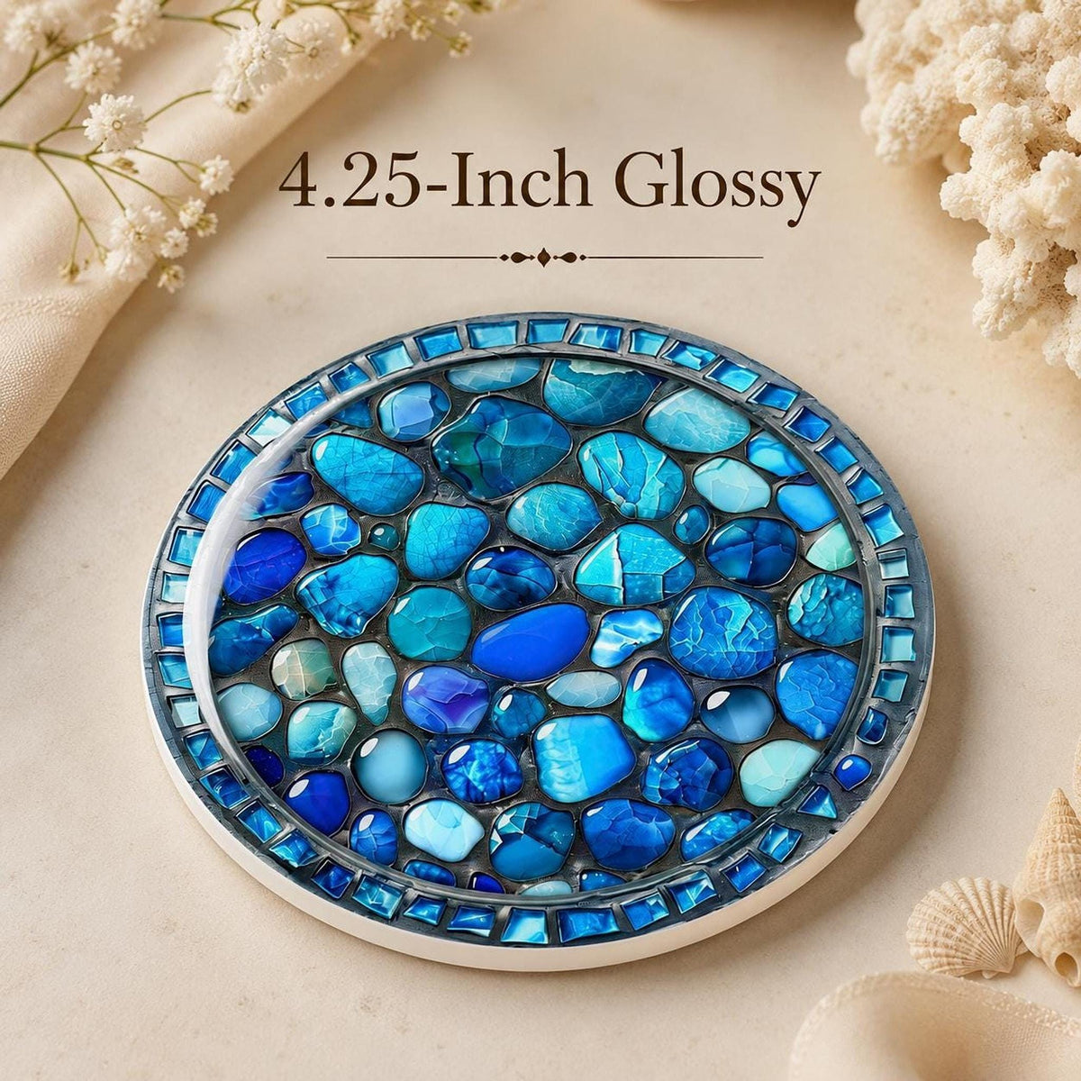 Coastal Coaster with Blue Stone Print, Round Ceramic Drink