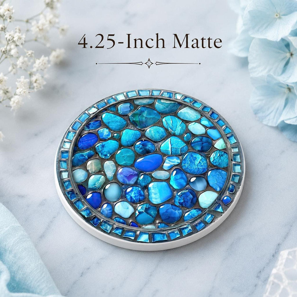 Coastal Coaster with Blue Stone Print, Round Ceramic Drink