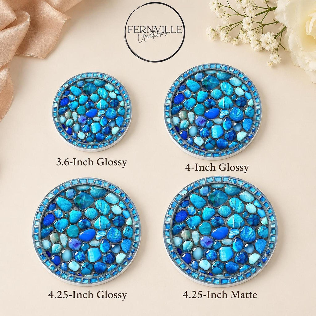 Coastal Coaster with Blue Stone Print, Round Ceramic Drink