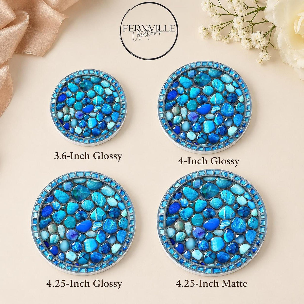 Coastal Coaster with Blue Stone Print, Round Ceramic Drink