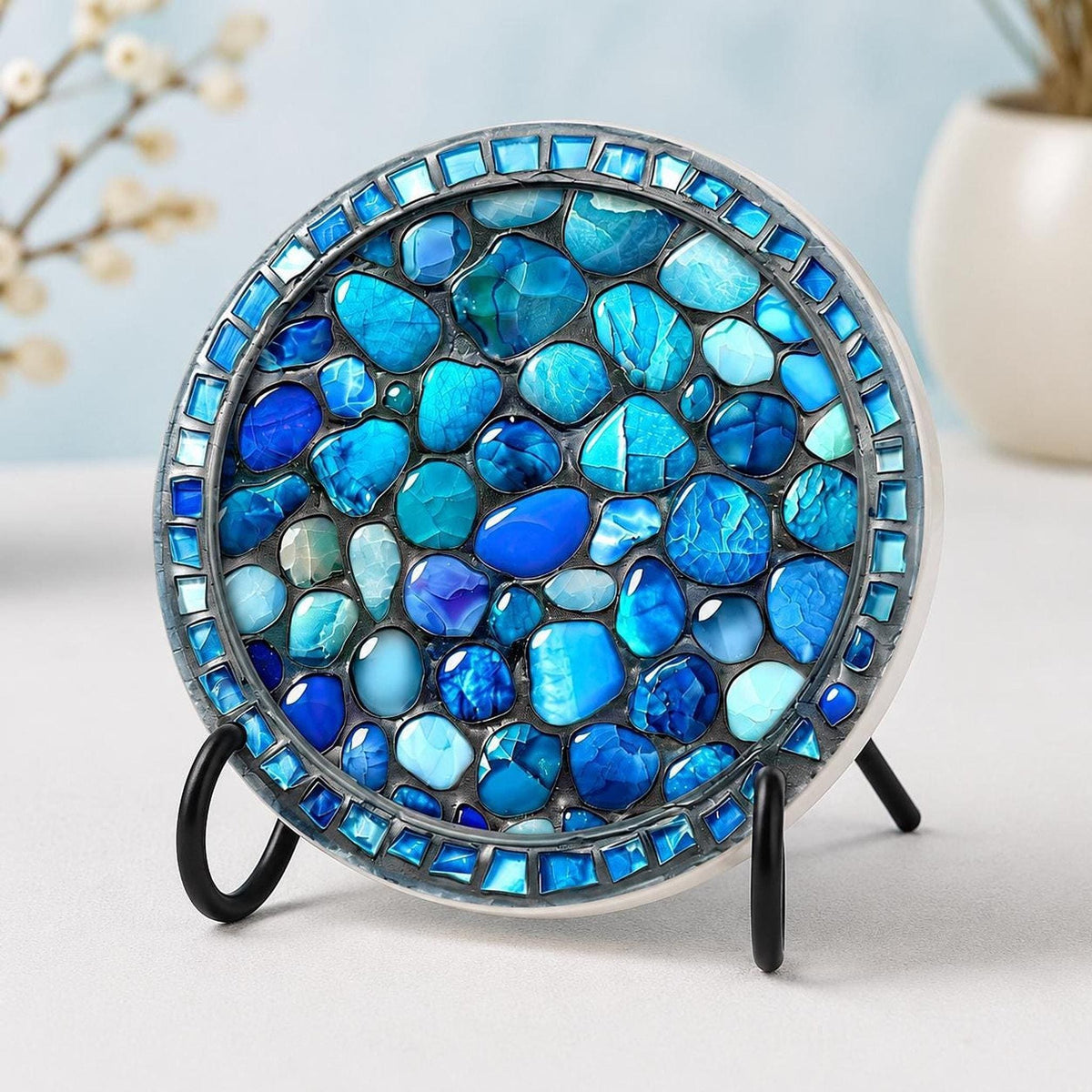 Coastal Coaster with Blue Stone Print, Round Ceramic Drink