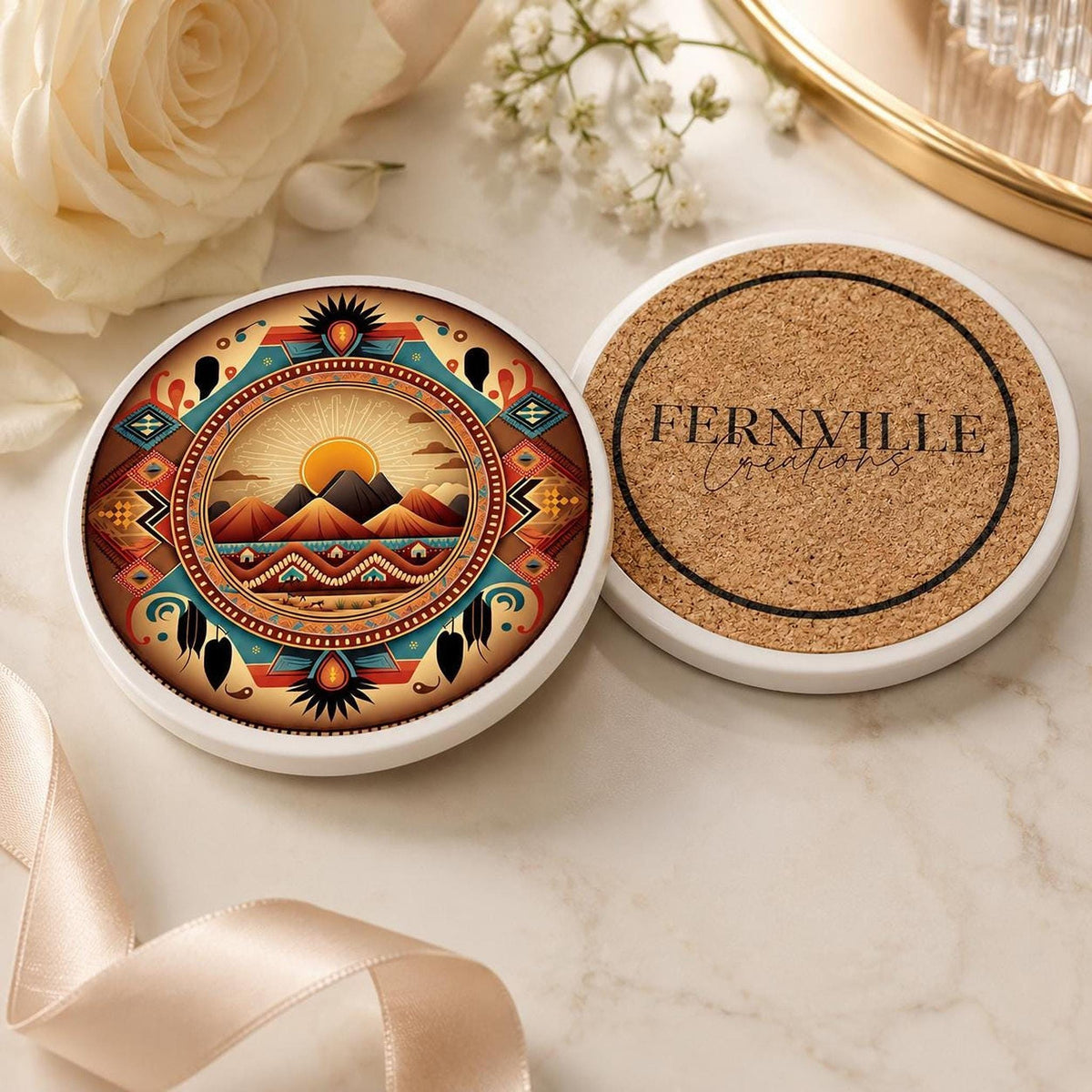 Southwest Coaster, Ceramic Drink Mat with Sunset Mountain Design