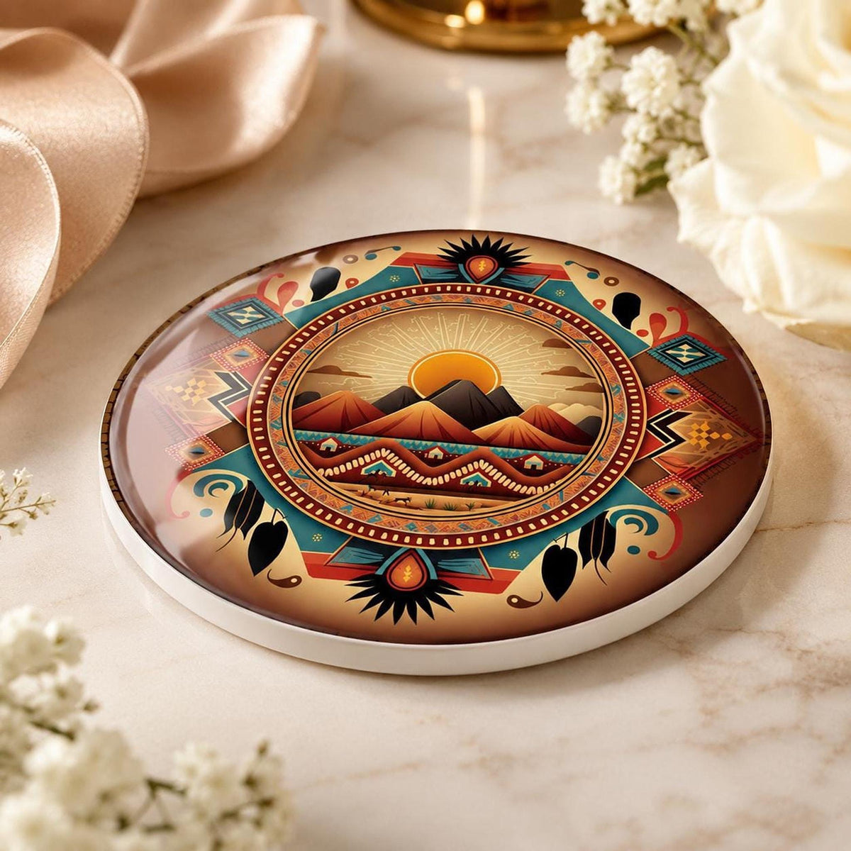 Southwest Coaster, Ceramic Drink Mat with Sunset Mountain Design
