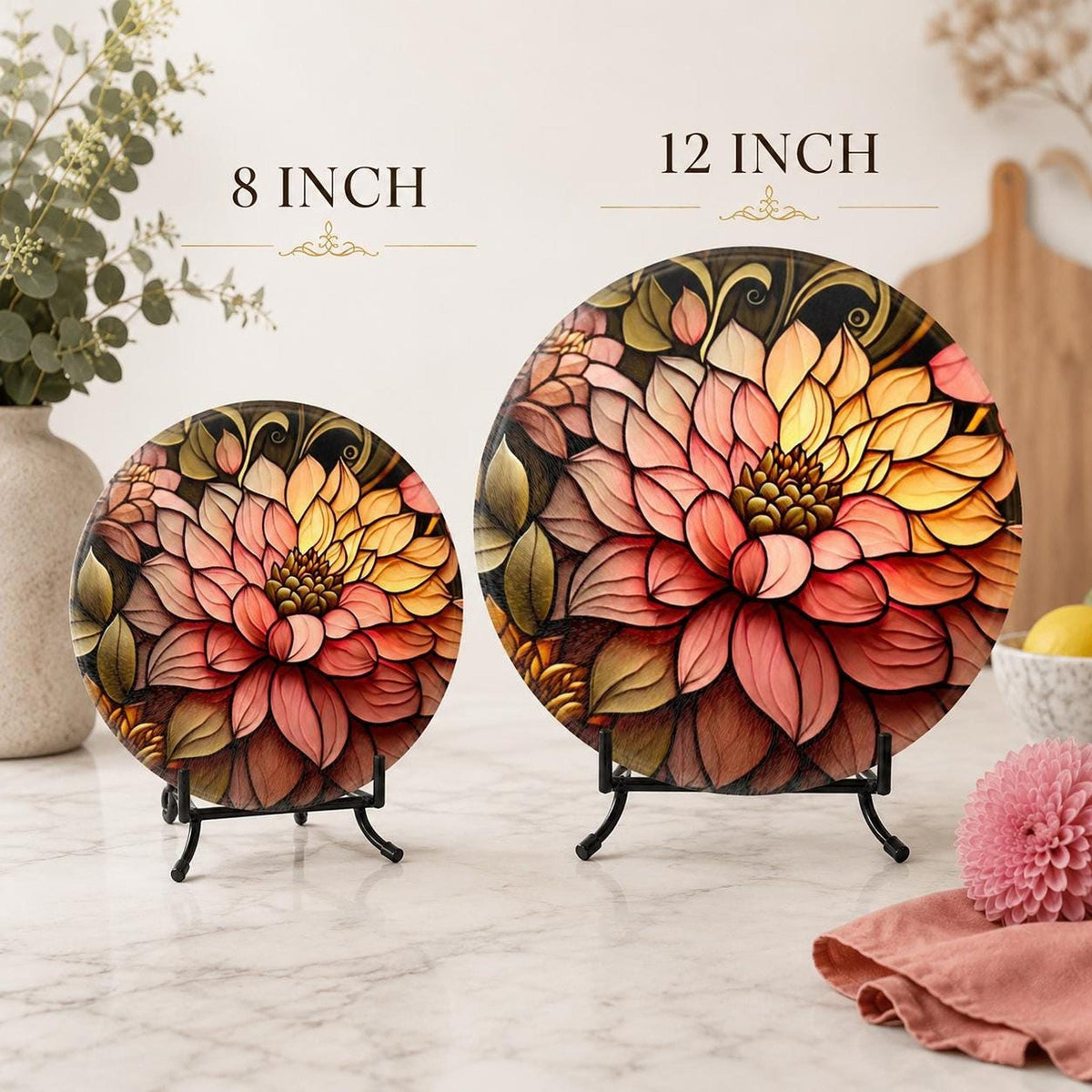 Floral Cutting Board, Round Tempered Glass Serving Tray with Blossom Design
