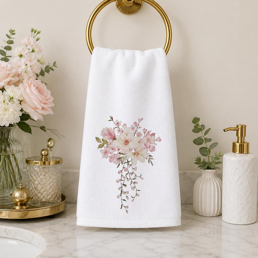 Pink Floral Towel, Elegant Hand with Watercolor Design