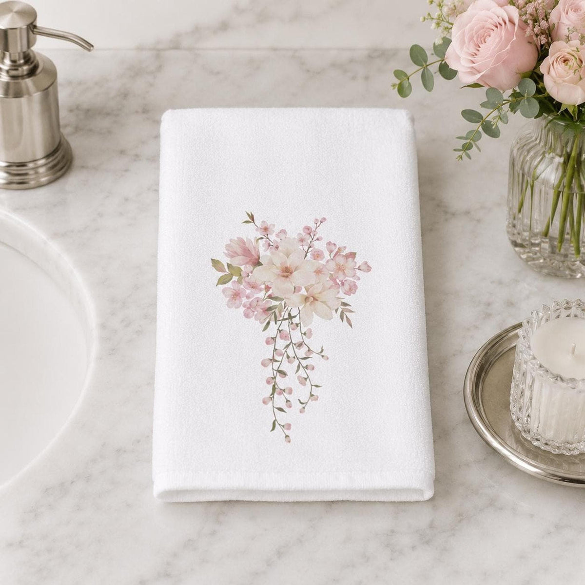 Pink Floral Towel, Elegant Hand with Watercolor Design