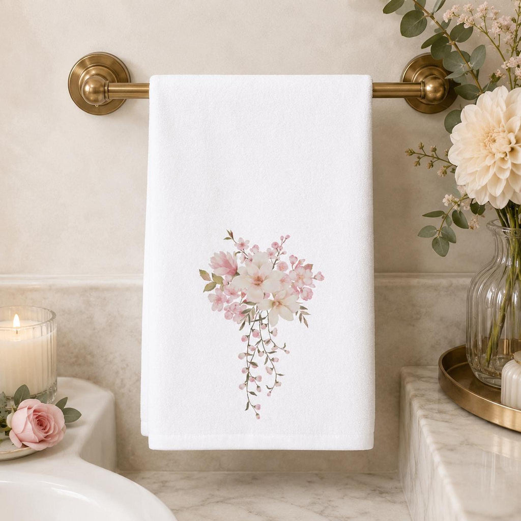 Pink Floral Towel, Elegant Hand with Watercolor Design