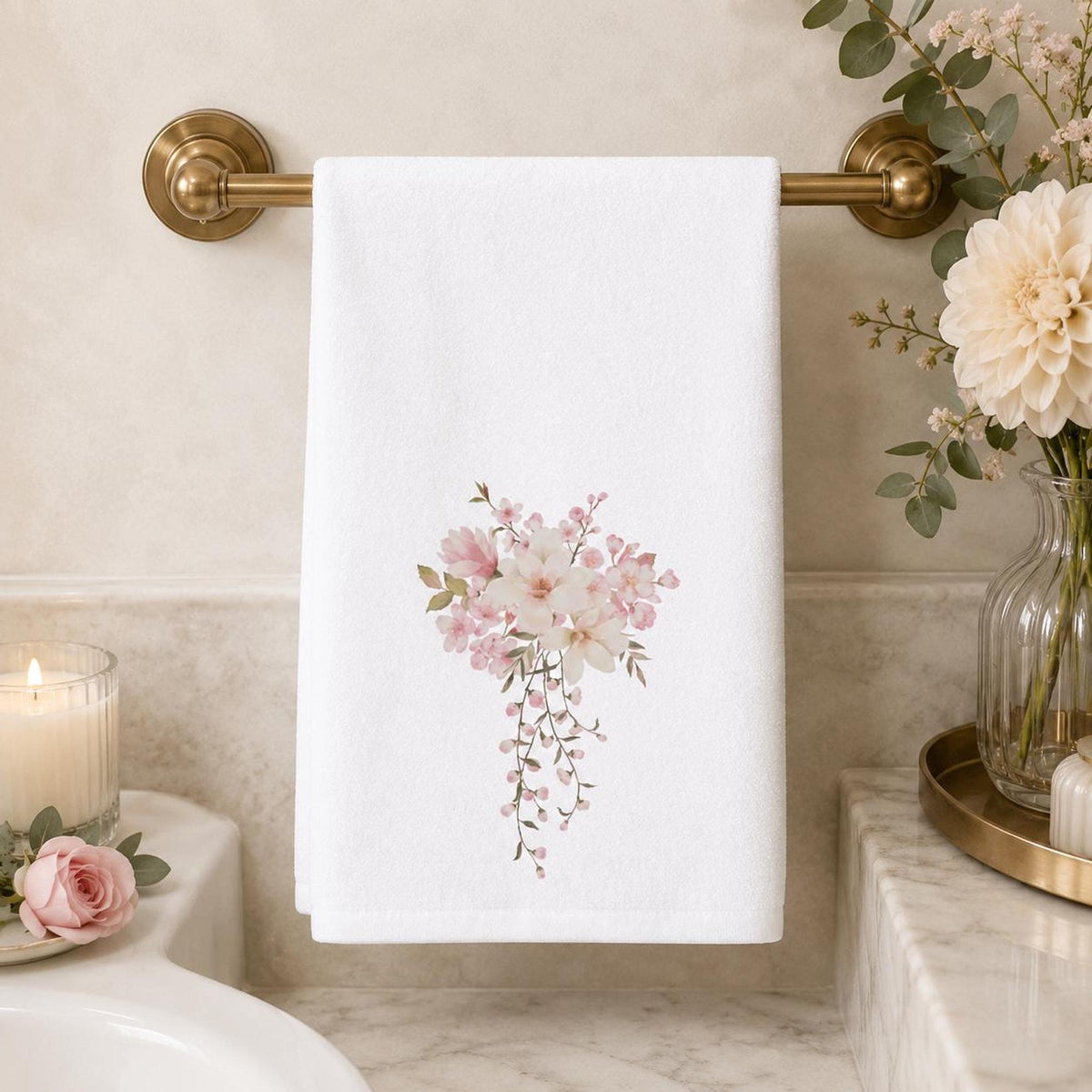 Pink Floral Towel, Elegant Hand with Watercolor Design
