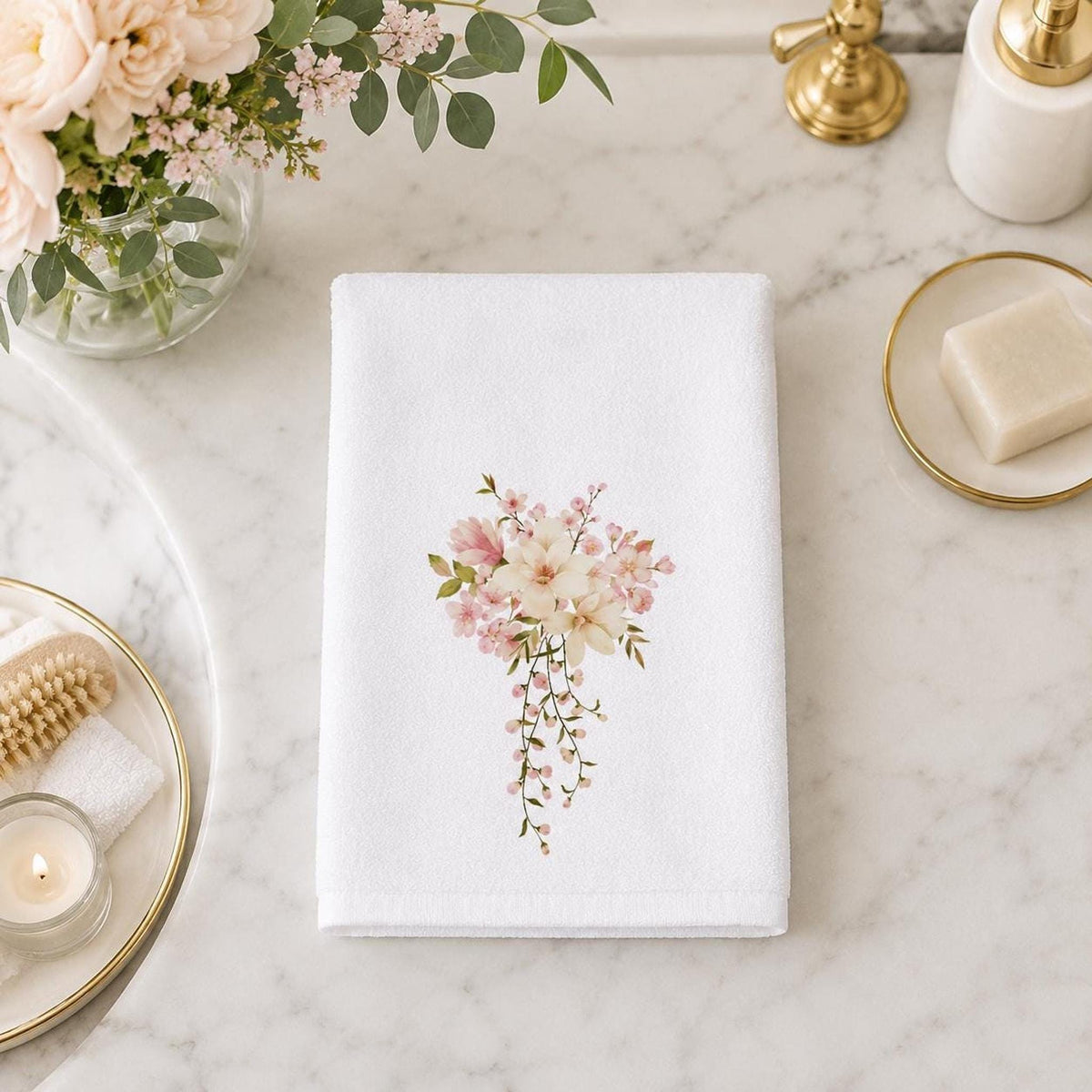 Pink Floral Towel, Elegant Hand with Watercolor Design