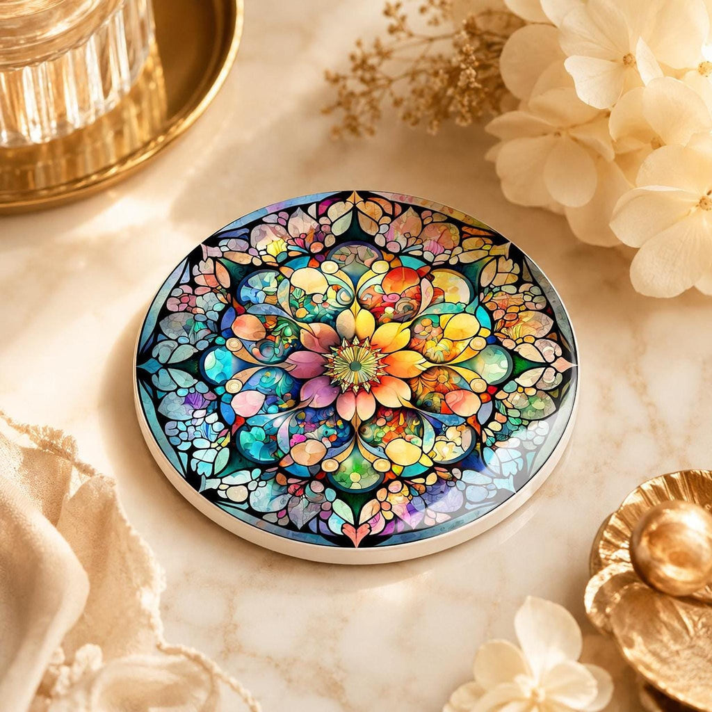 Mandala Coaster, Colorful Ceramic Drink Mat with Floral Mosaic Design