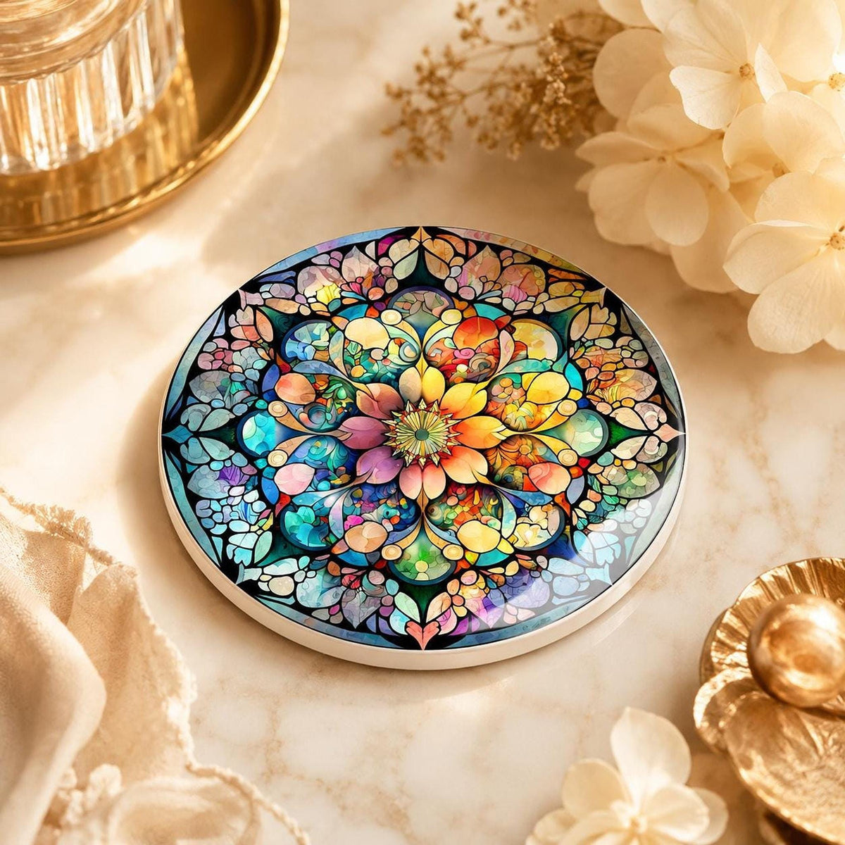 Mandala Coaster, Colorful Ceramic Drink Mat with Floral Mosaic Design