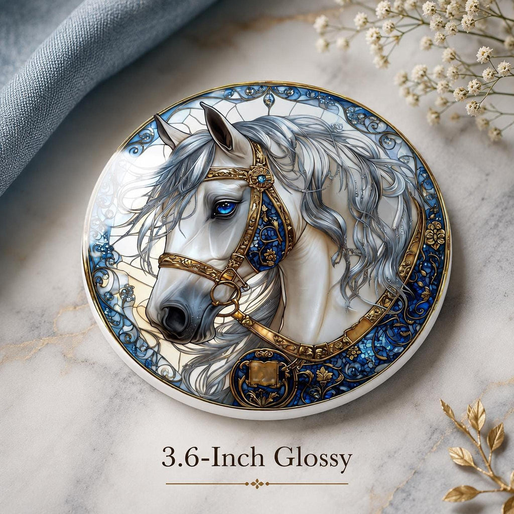 White Horse Coaster, Elegant Equestrian Decor with Blue and Gold Accents