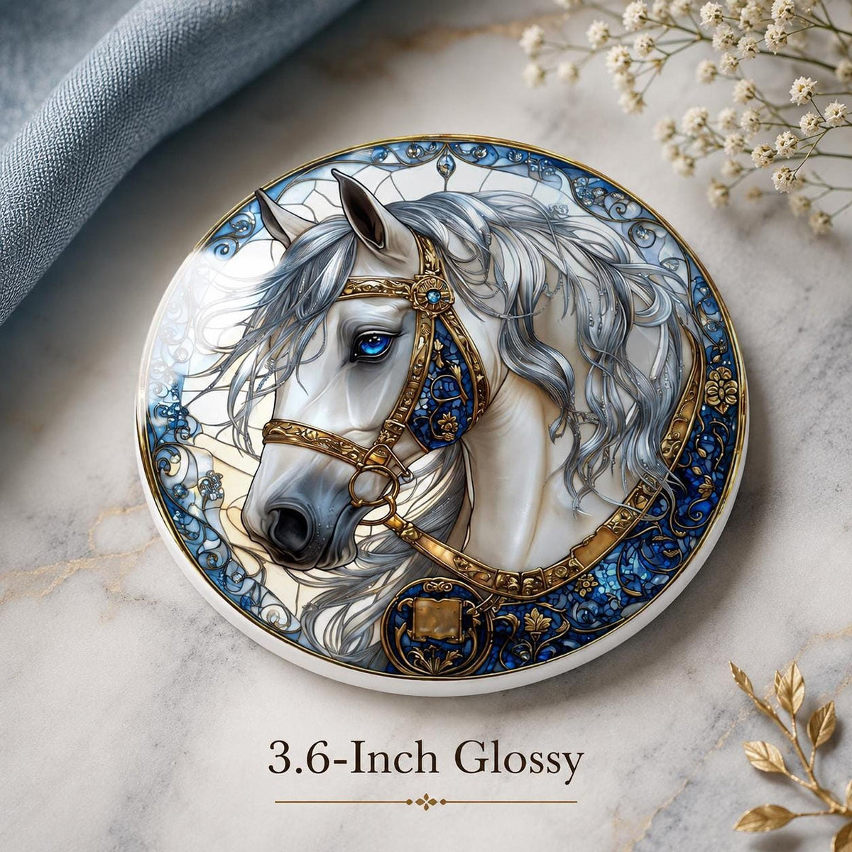 White Horse Coaster, Elegant Equestrian Decor with Blue and Gold Accents