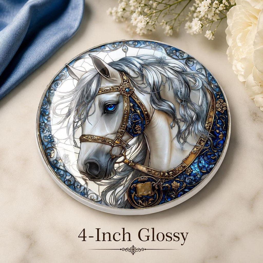 White Horse Coaster, Elegant Equestrian Decor with Blue and Gold Accents