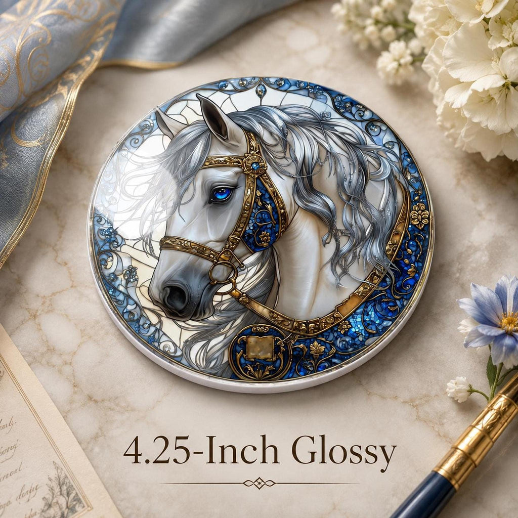 White Horse Coaster, Elegant Equestrian Decor with Blue and Gold Accents