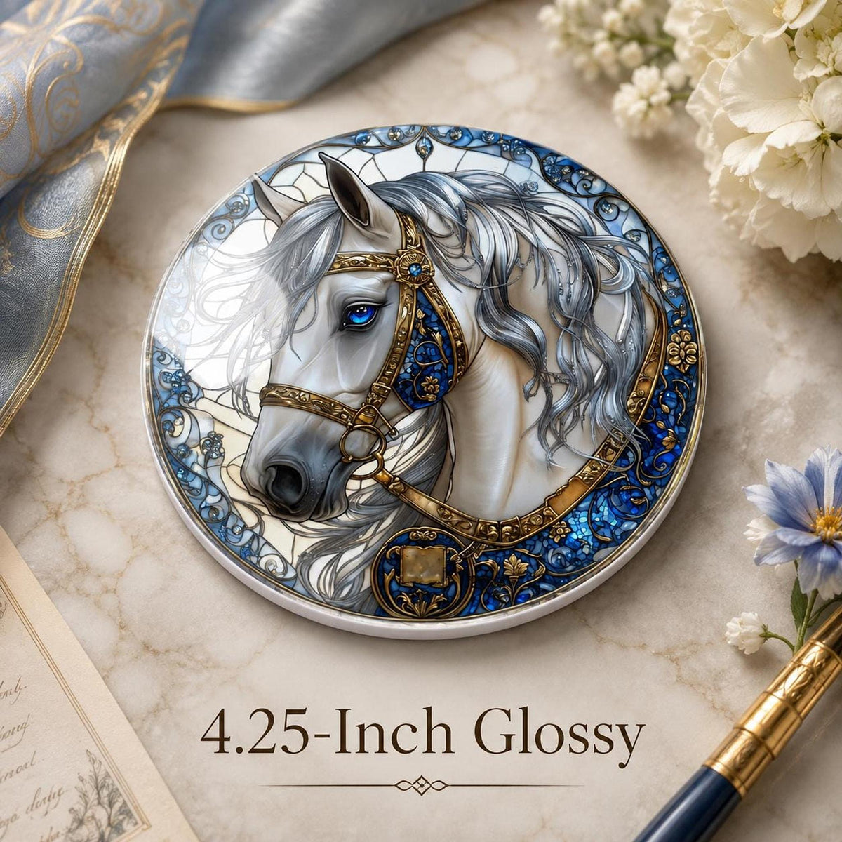 White Horse Coaster, Elegant Equestrian Decor with Blue and Gold Accents
