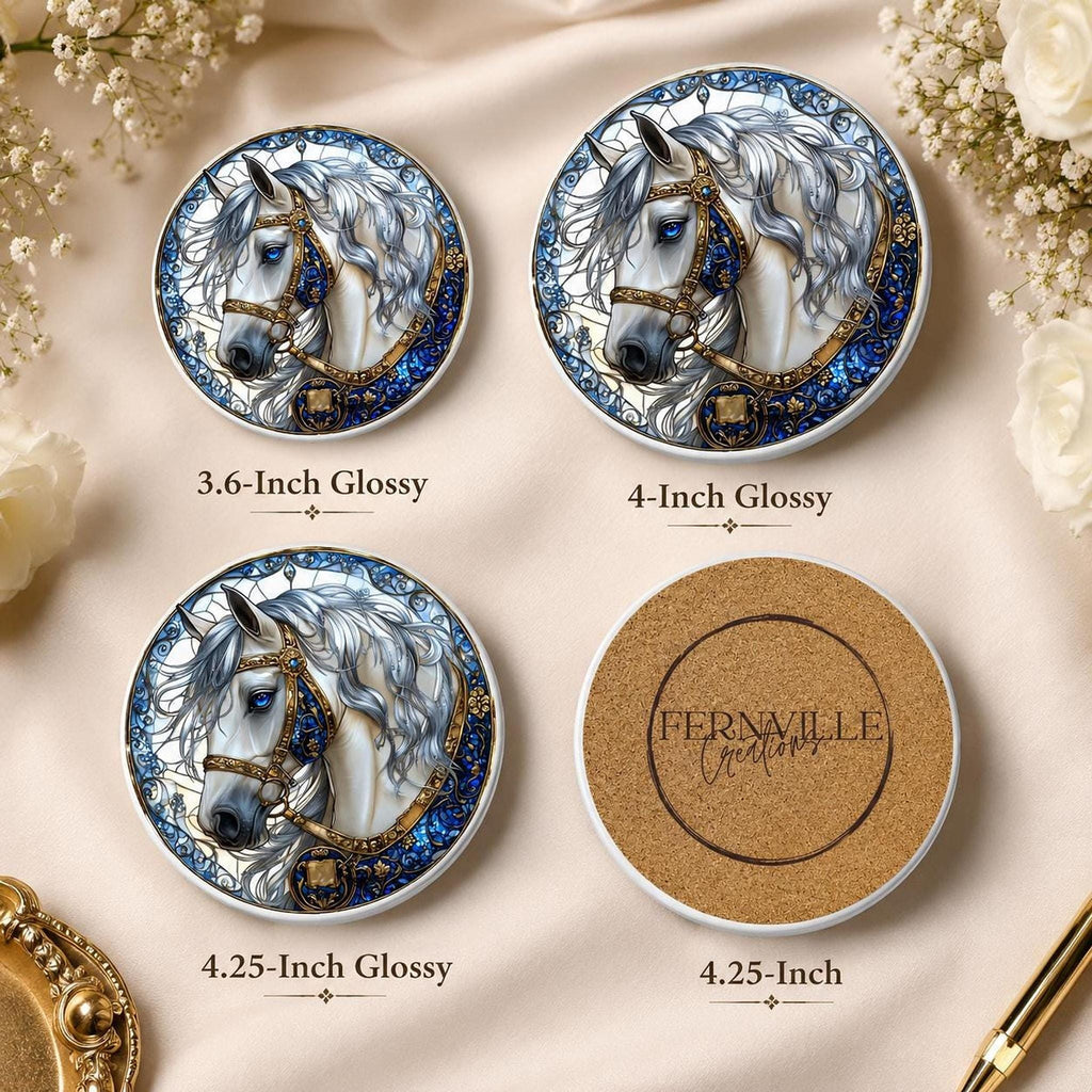 White Horse Coaster, Elegant Equestrian Decor with Blue and Gold Accents