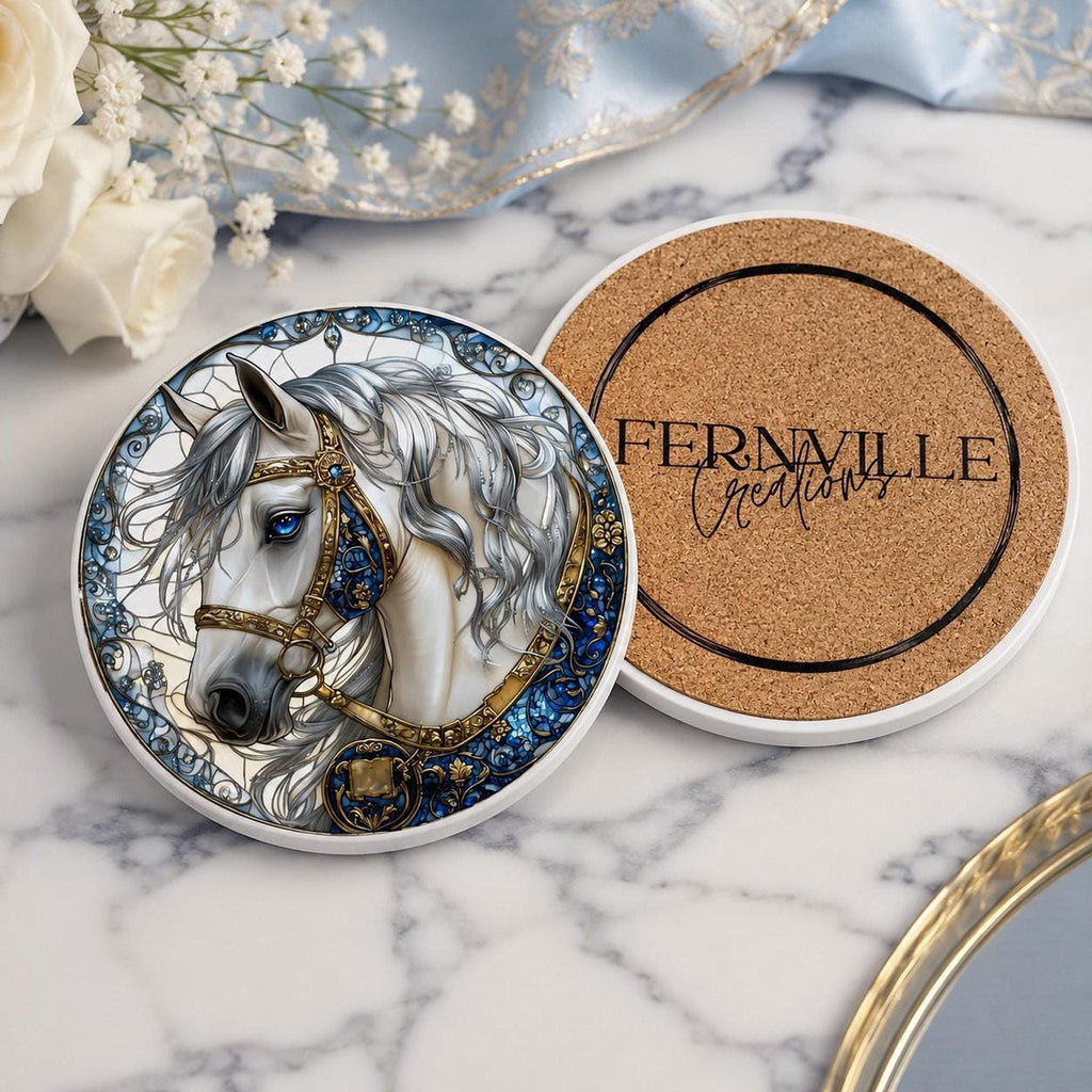 White Horse Coaster, Elegant Equestrian Decor with Blue and Gold Accents