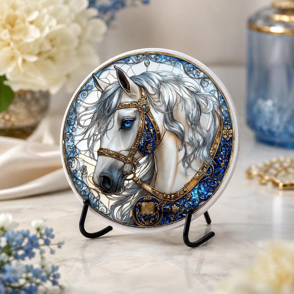 White Horse Coaster, Elegant Equestrian Decor with Blue and Gold Accents