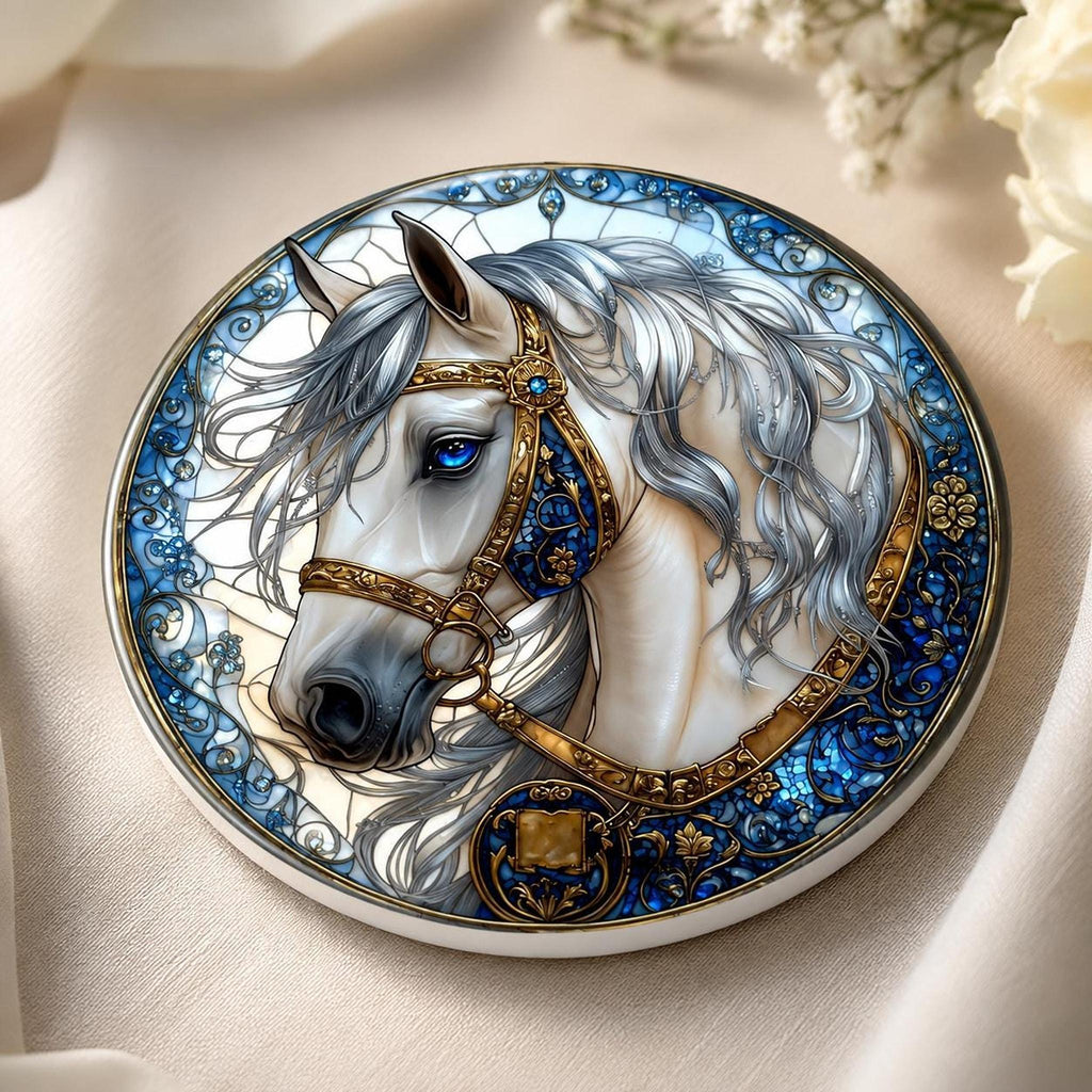 White Horse Coaster, Elegant Equestrian Decor with Blue and Gold Accents