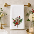 Cardinal Christmas Hand Towel, Birdhouse Design with Holly Berries