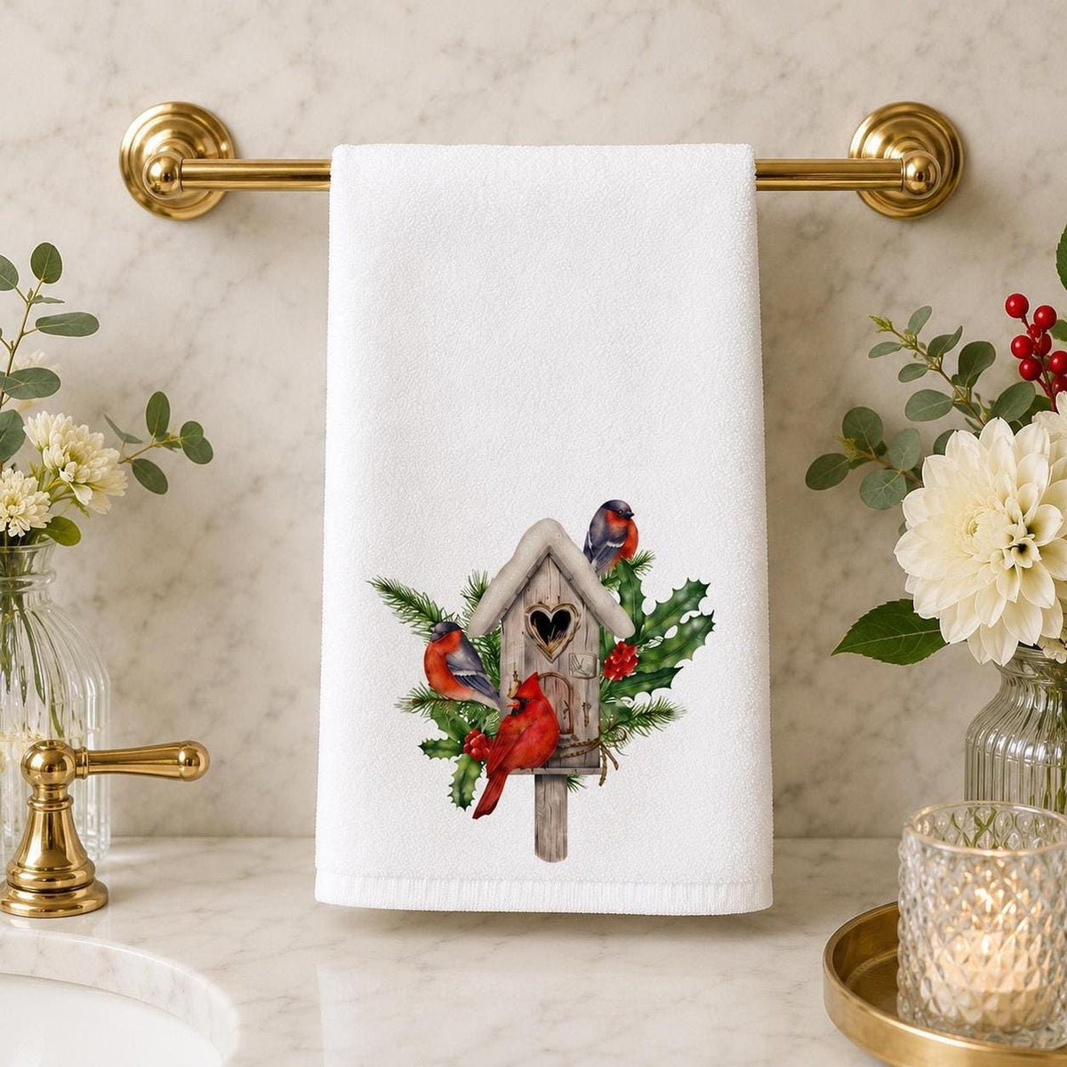 Cardinal Christmas Hand Towel, Birdhouse Design with Holly Berries
