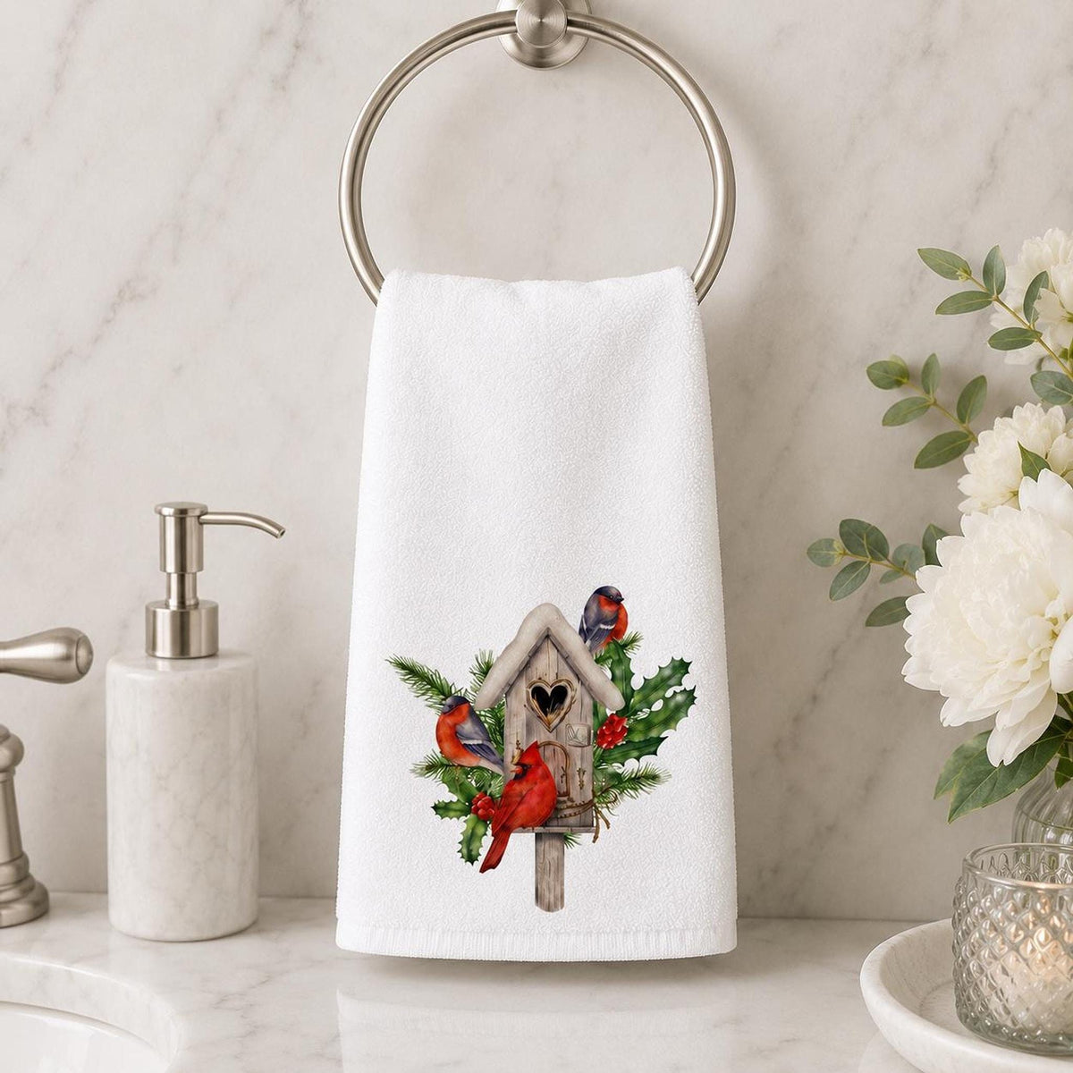 Cardinal Christmas Hand Towel, Birdhouse Design with Holly Berries