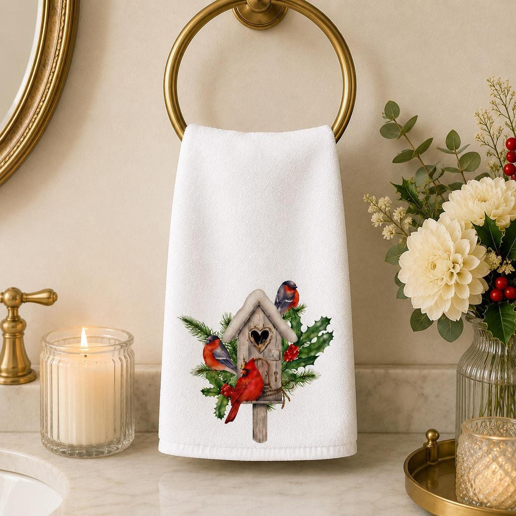 Cardinal Christmas Hand Towel, Birdhouse Design with Holly Berries