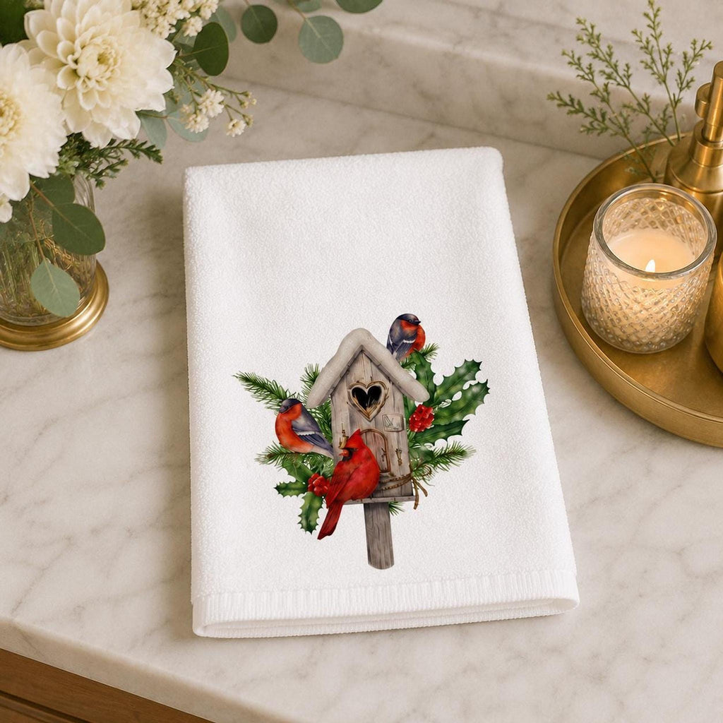 Cardinal Christmas Hand Towel, Birdhouse Design with Holly Berries