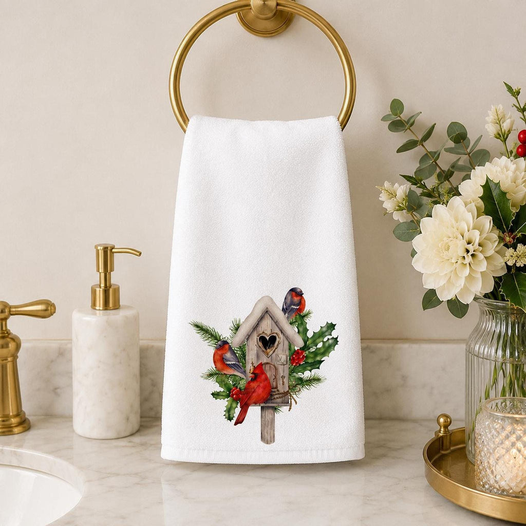 Cardinal Christmas Hand Towel, Birdhouse Design with Holly Berries