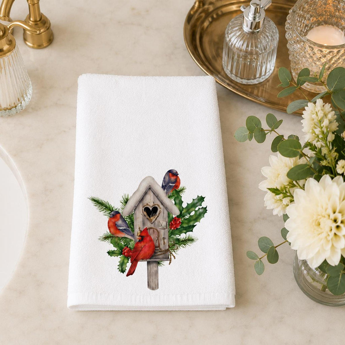 Cardinal Christmas Hand Towel, Birdhouse Design with Holly Berries