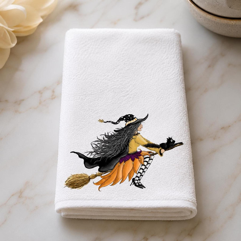 Witch Towel with Whimsical Artwork, Halloween Fingertip for Guest Bath