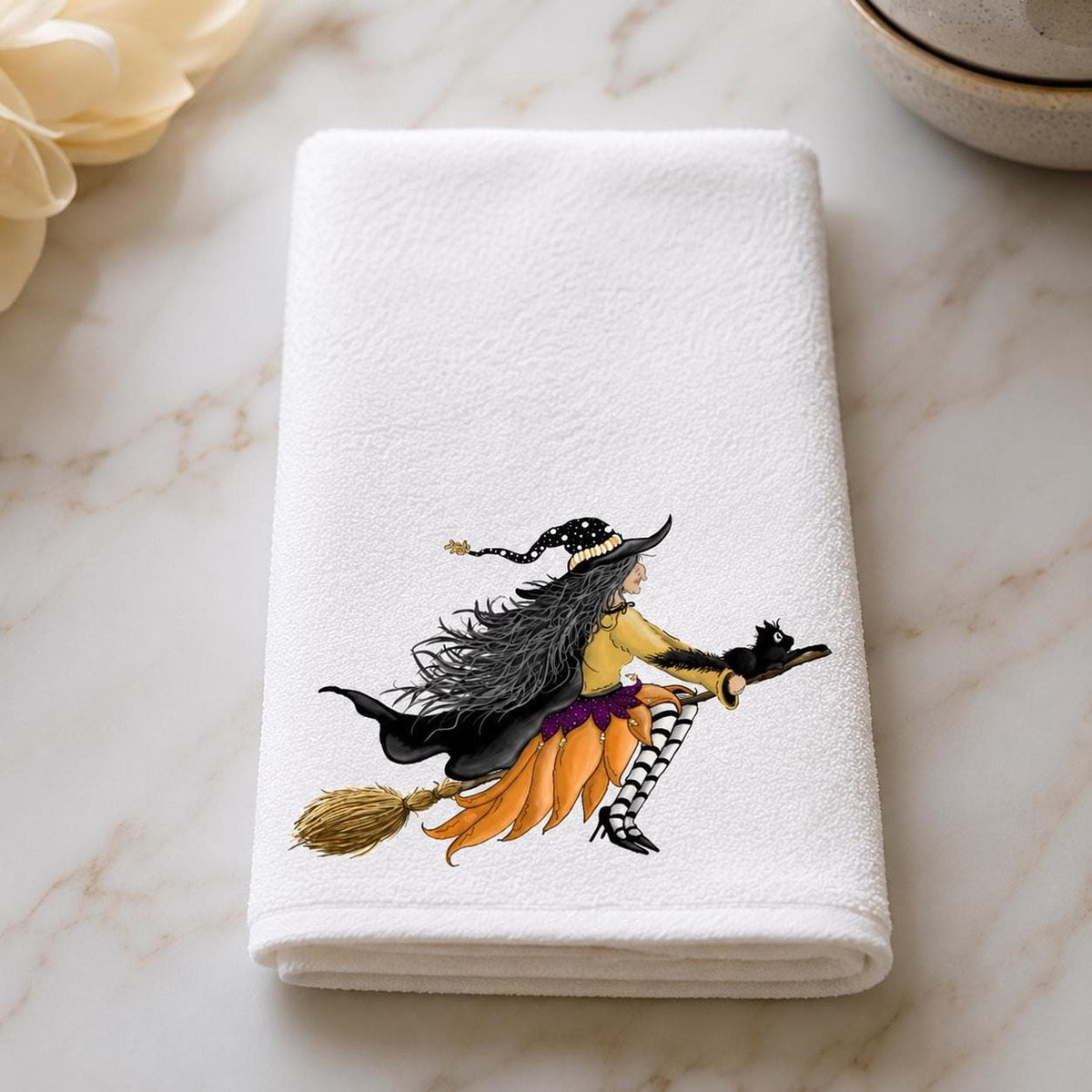 Witch Towel with Whimsical Artwork, Halloween Fingertip for Guest Bath