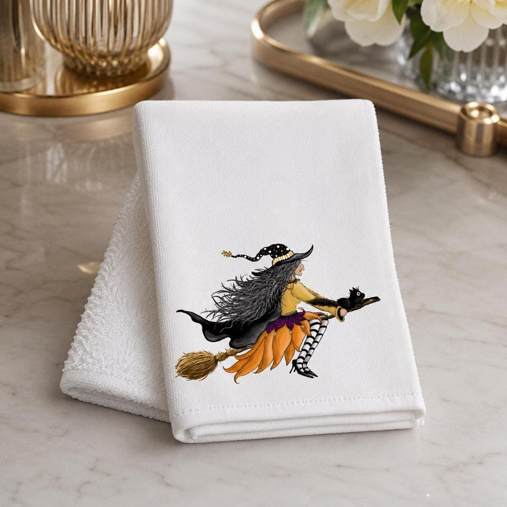 Witch Towel with Whimsical Artwork, Halloween Fingertip for Guest Bath