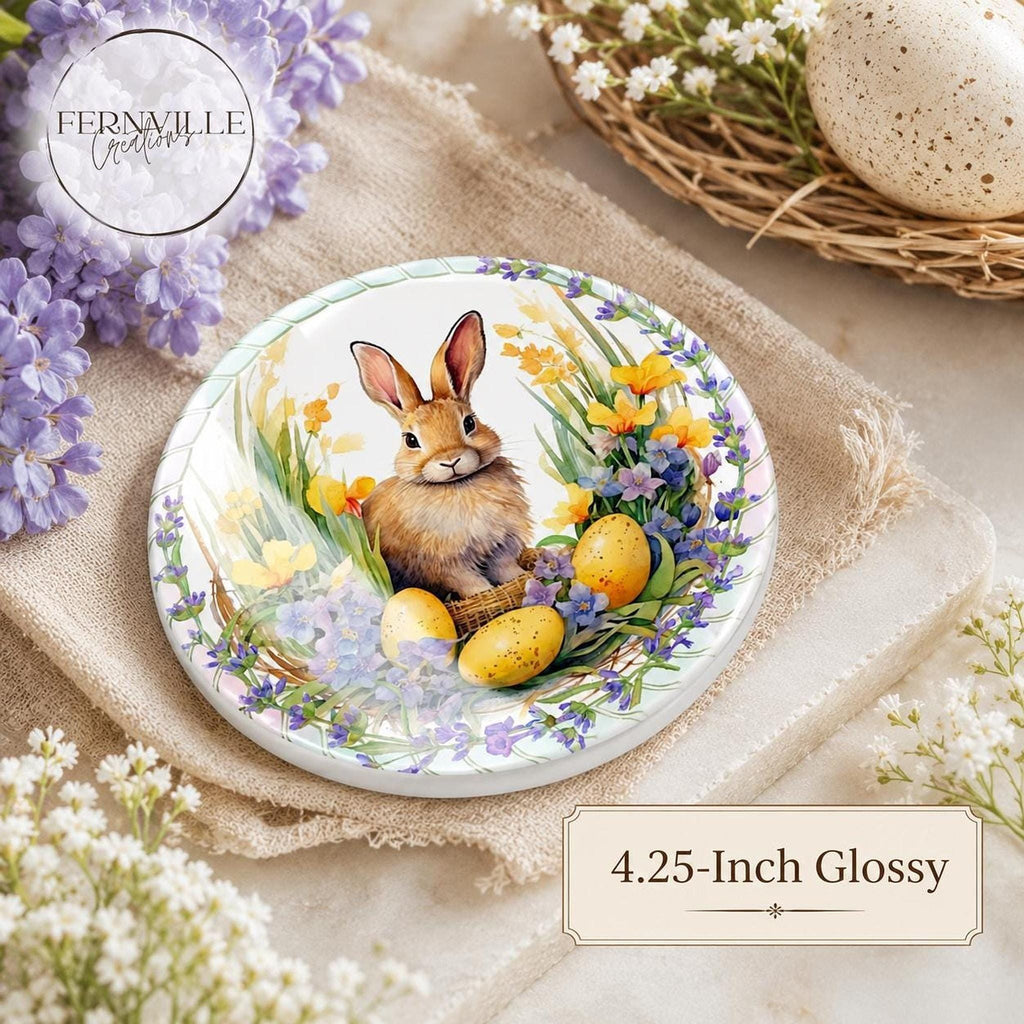 Easter Coaster with Bunny Design, Round Ceramic Spring Decor