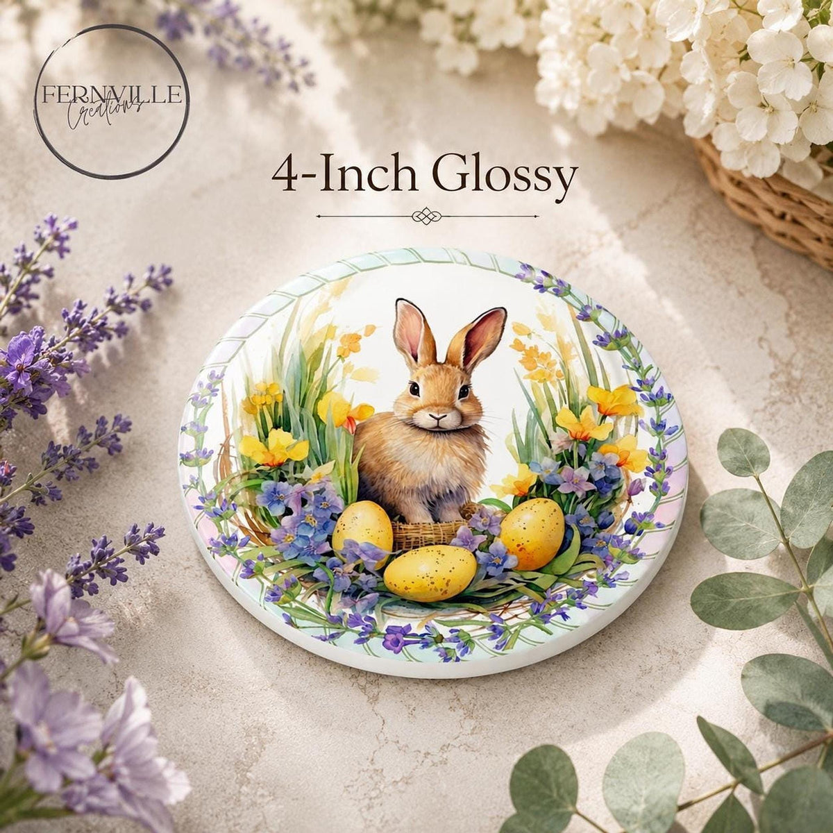 Easter Coaster with Bunny Design, Round Ceramic Spring Decor