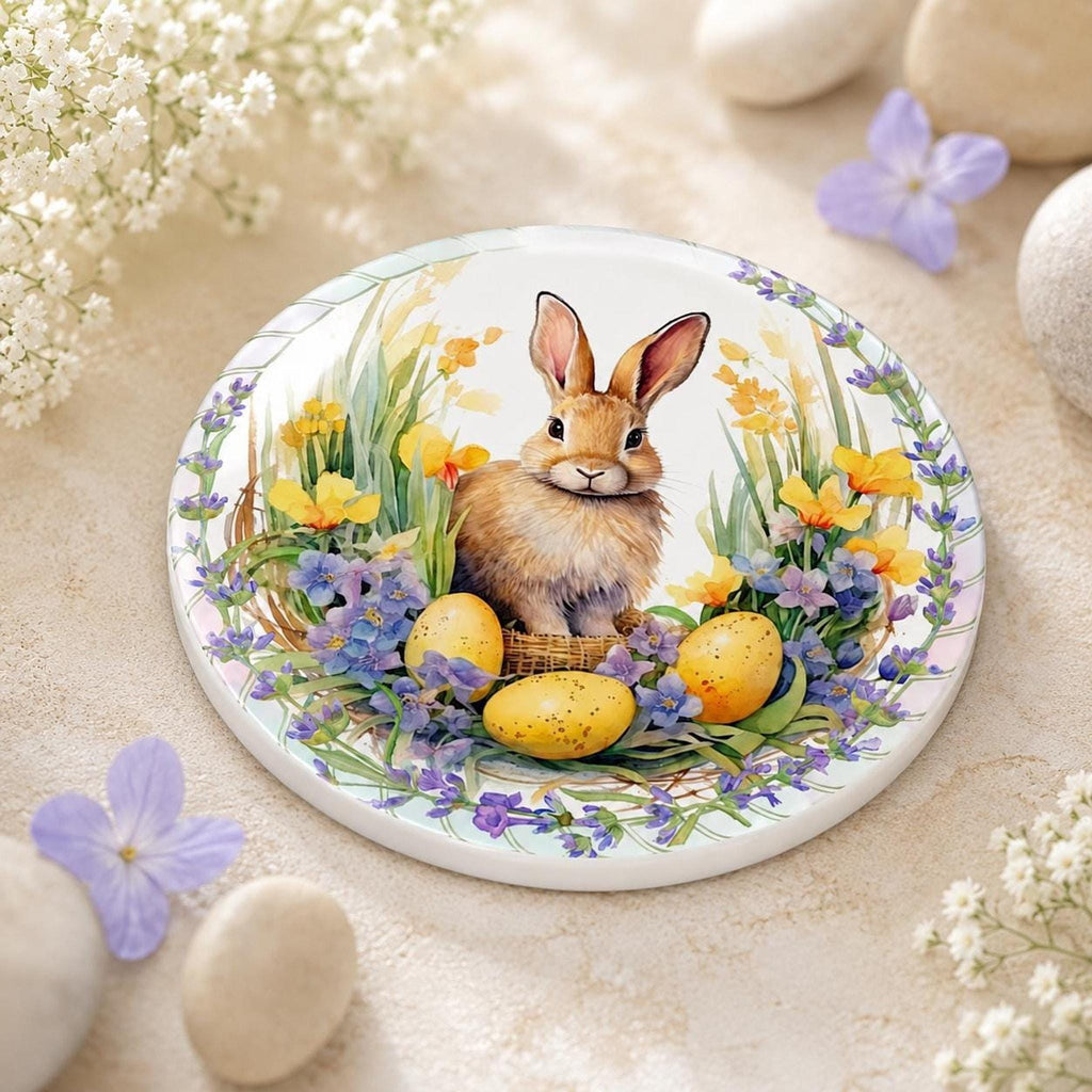 Easter Coaster with Bunny Design, Round Ceramic Spring Decor