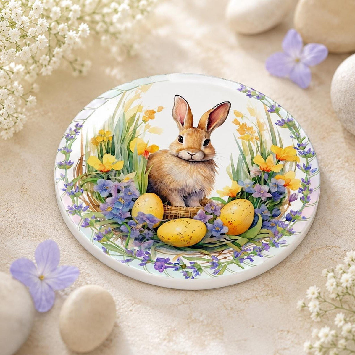 Easter Coaster with Bunny Design, Round Ceramic Spring Decor