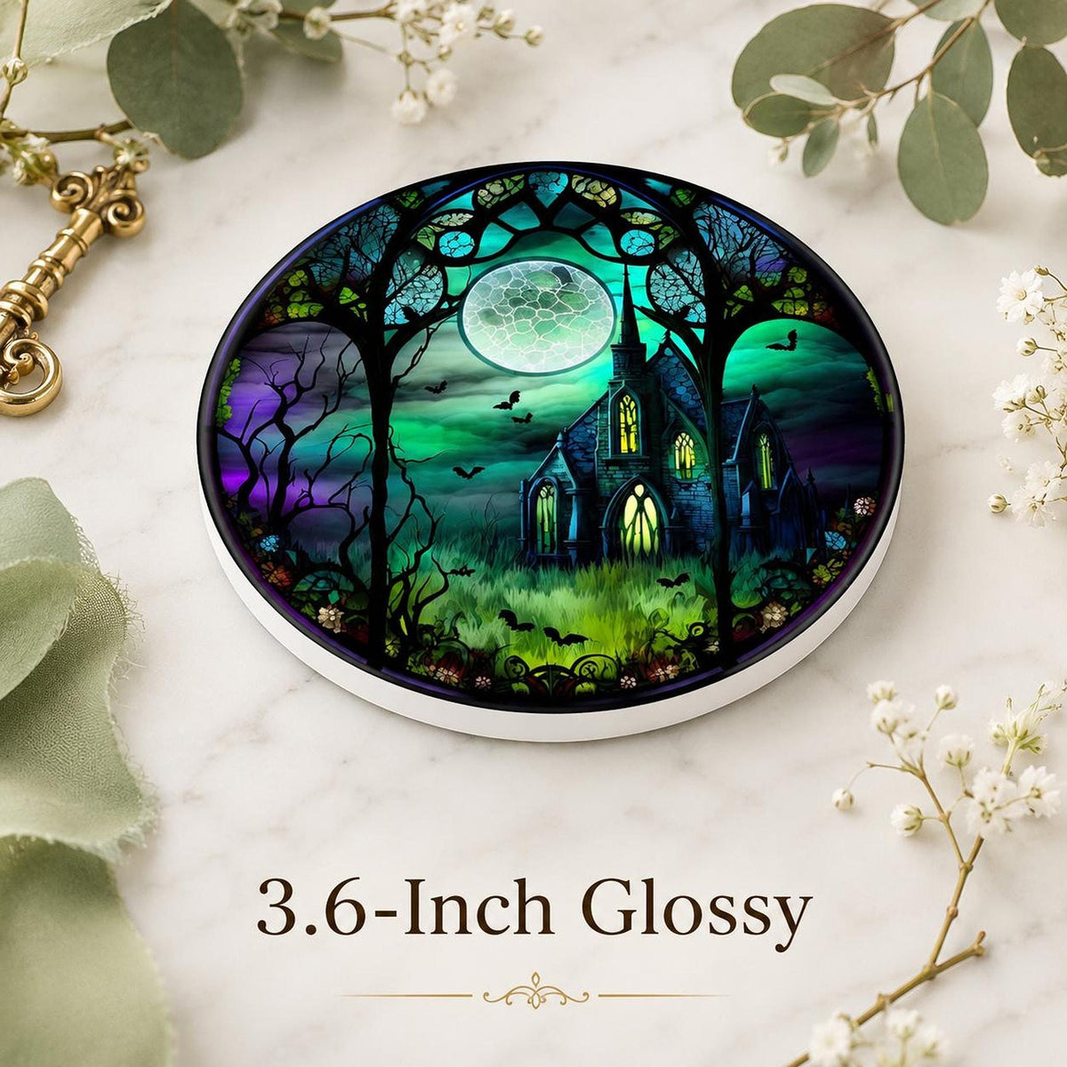 Halloween Coaster with Moonlit Gothic Chapel Design, Ceramic Drink Mat