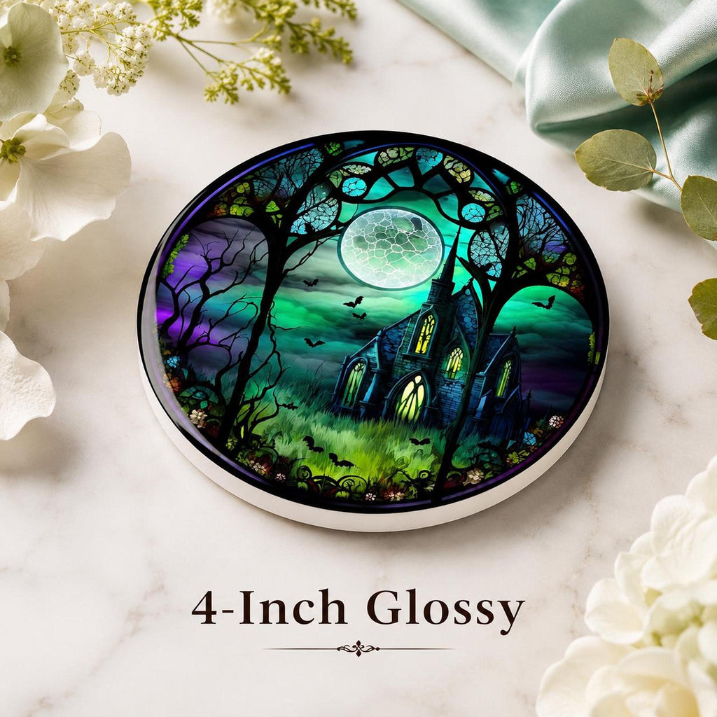 Halloween Coaster with Moonlit Gothic Chapel Design, Ceramic Drink Mat