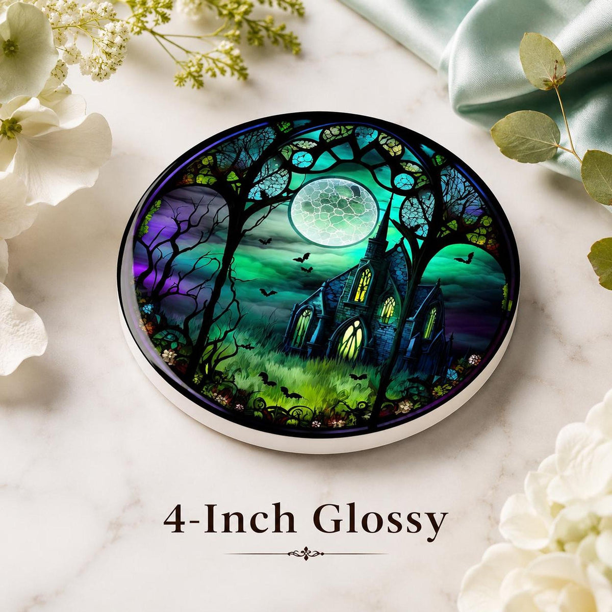 Halloween Coaster with Moonlit Gothic Chapel Design, Ceramic Drink Mat