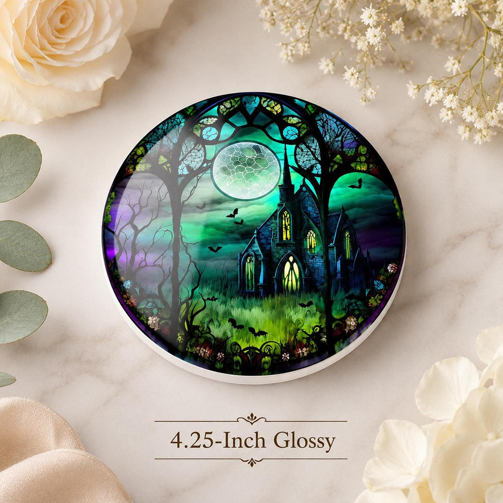 Halloween Coaster with Moonlit Gothic Chapel Design, Ceramic Drink Mat