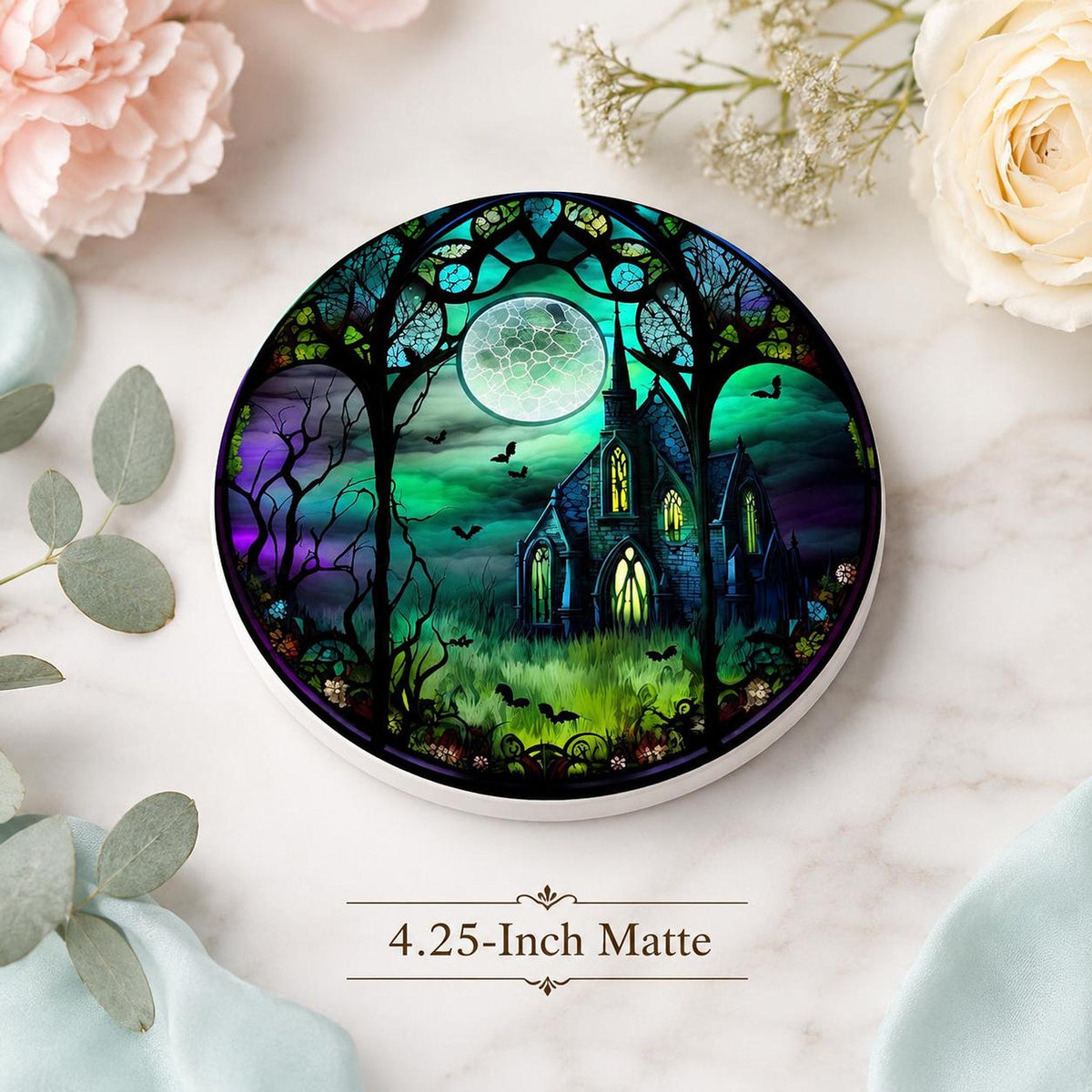 Halloween Coaster with Moonlit Gothic Chapel Design, Ceramic Drink Mat